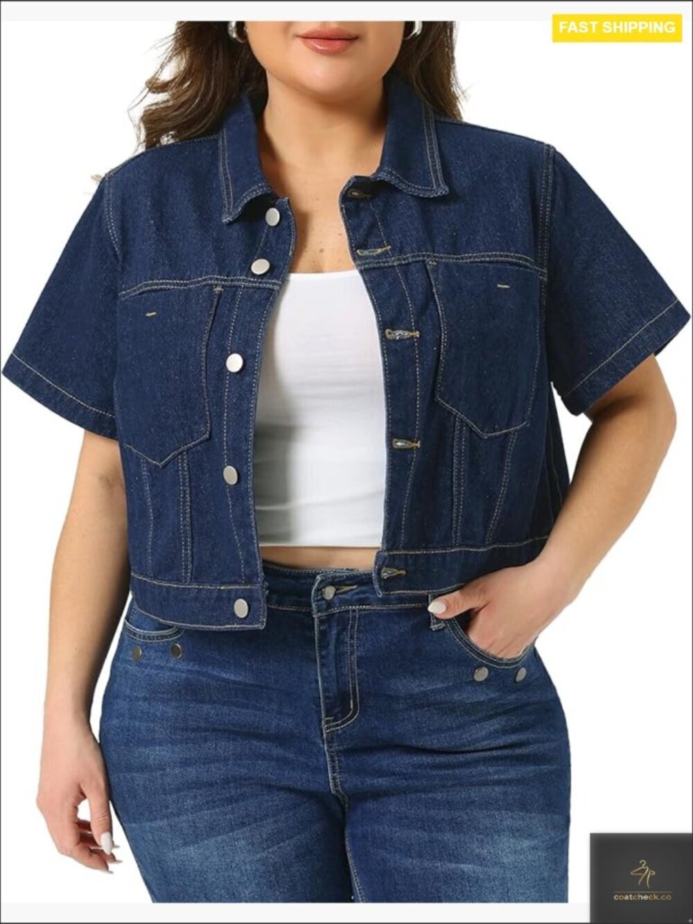 Plus Size Cropped Denim Jacket Classic Short Sleeve Button Down Washed